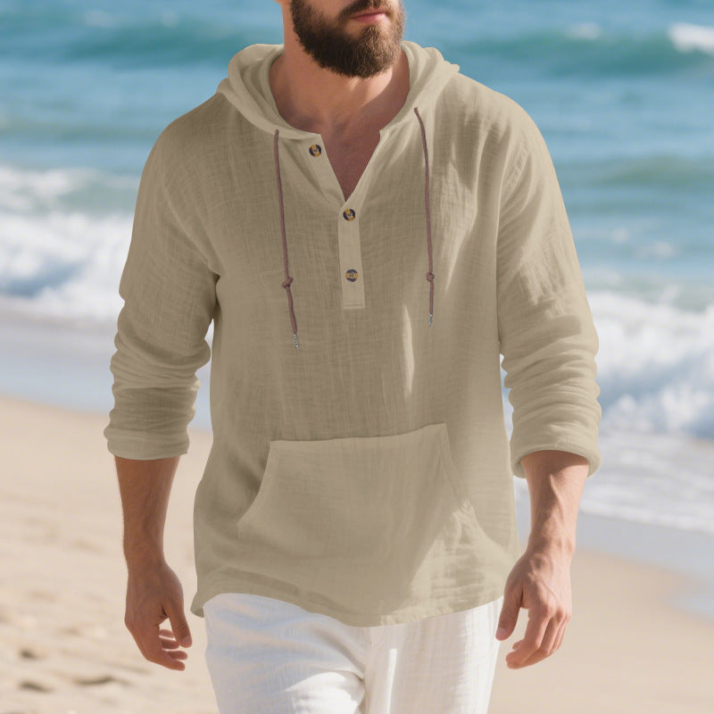 Men's lightweight hooded henley made of linen-cotton blend with kangaroo pocket and button placket StylebySassy