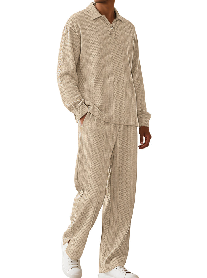 Men's jacquard knit set with polo collar, relaxed fit and straight pants StylebySassy