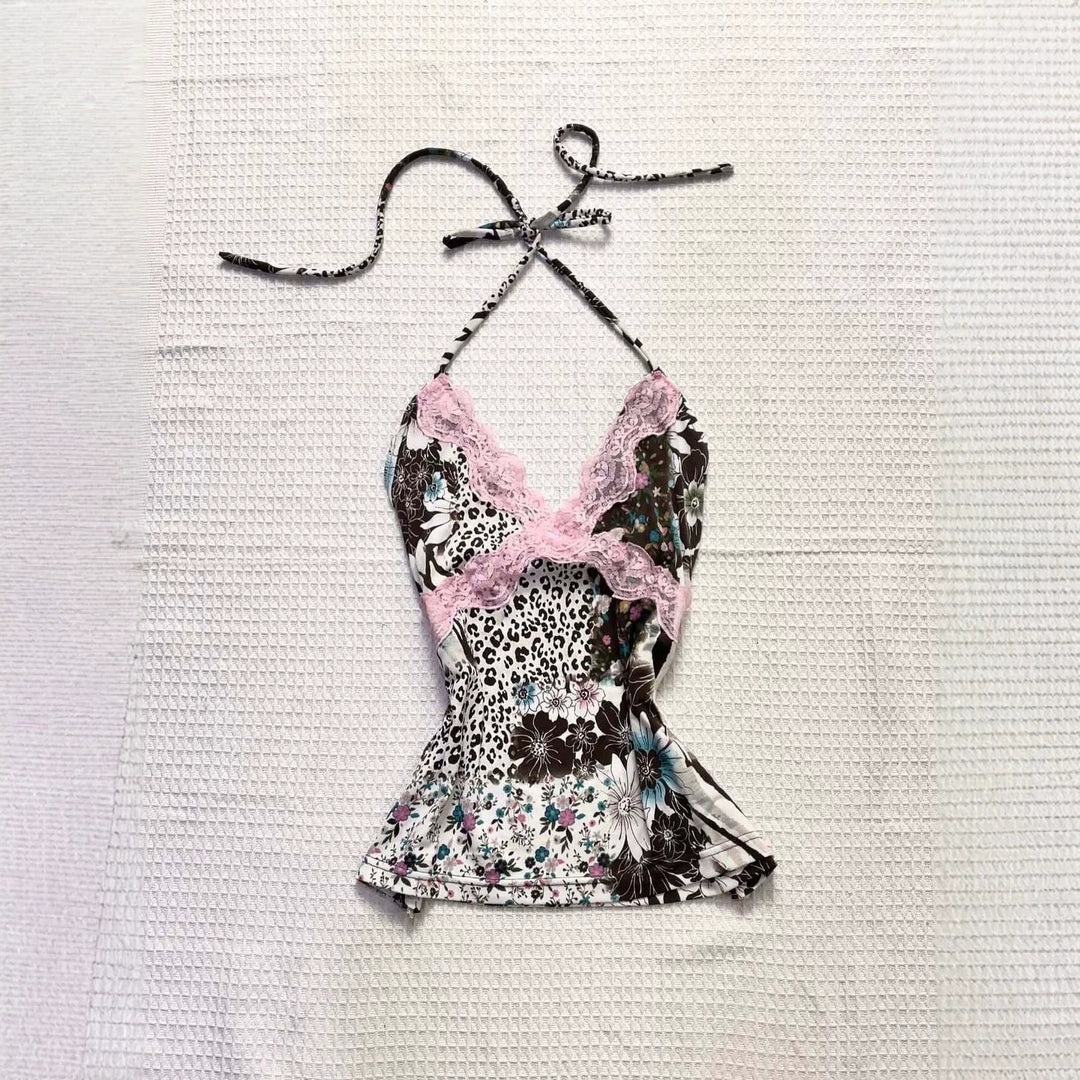 Women Playful Halter Top with Floral and Leopard Pattern StylebySassy
