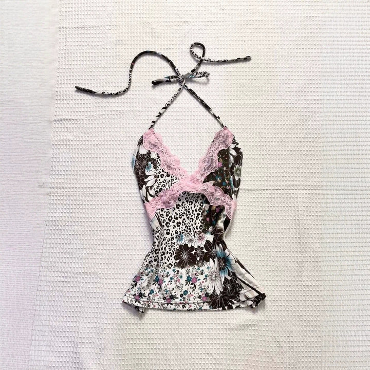 Women Playful Halter Top with Floral and Leopard Pattern StylebySassy
