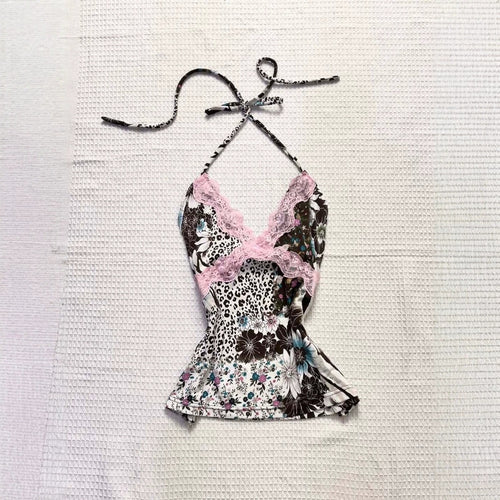 Women Playful Halter Top with Floral and Leopard Pattern StylebySassy