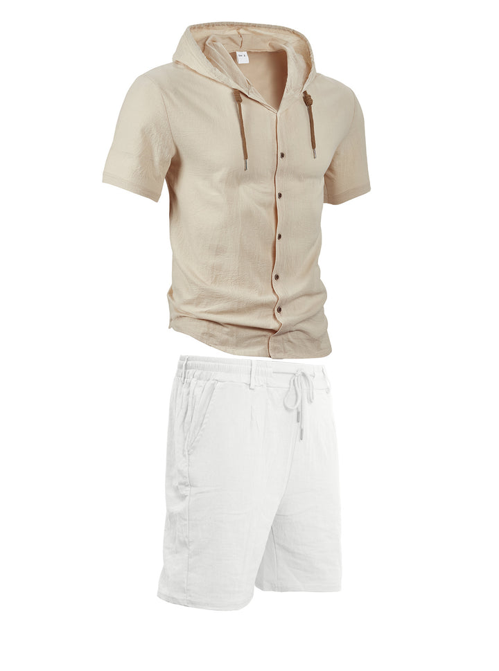 Men's lightweight summer hoodie in linen look with continuous button placket and drawstring StylebySassy