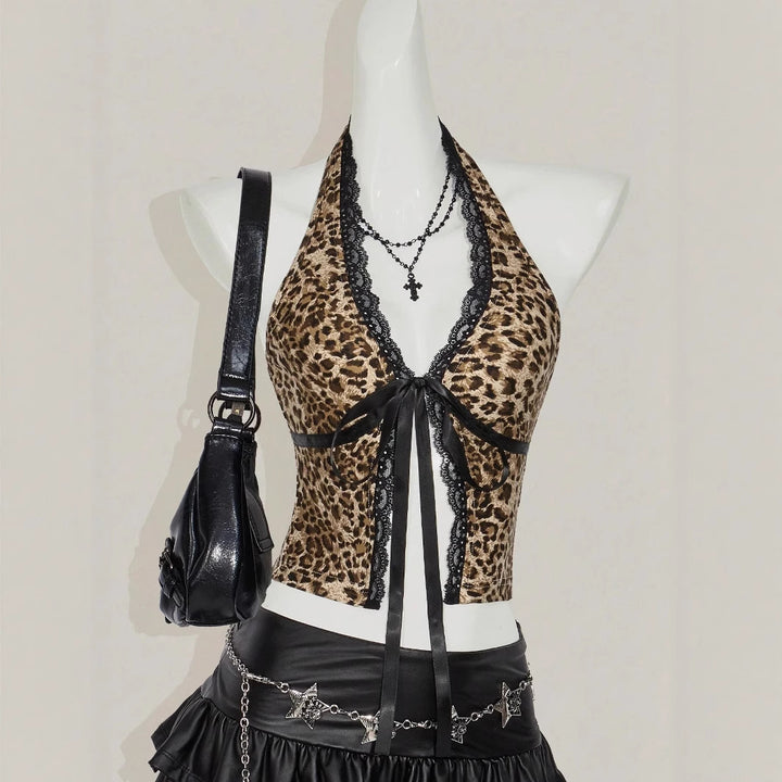 Women's halter top with lace embellishments and leopard pattern StylebySassy