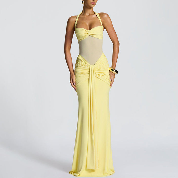 Women's figure-hugging halter evening dress with transparent mesh insert and gathered hip area StylebySassy