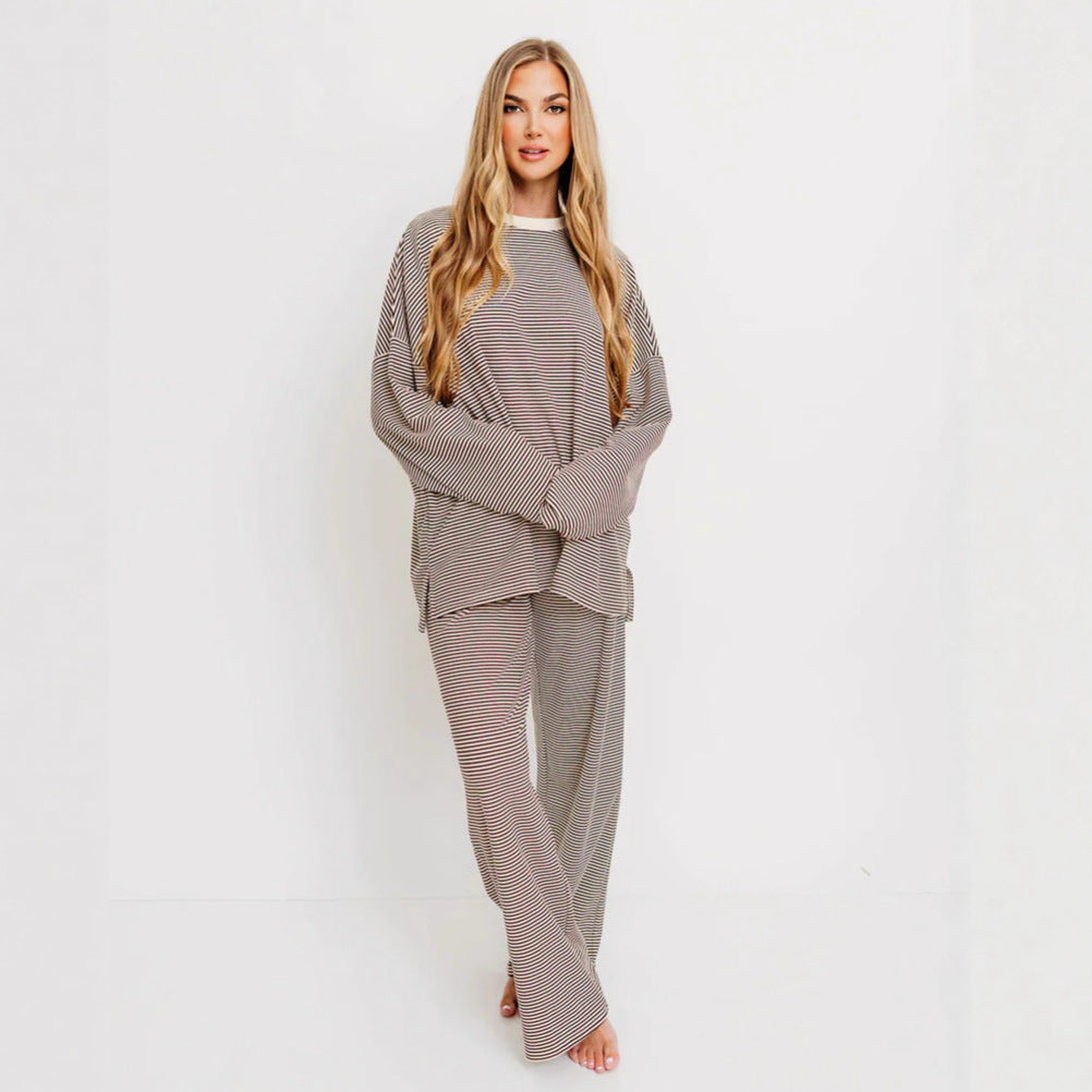 Women's striped comfort set made of fine ribbed jersey with oversized sweater and wide waistband trousers StylebySassy