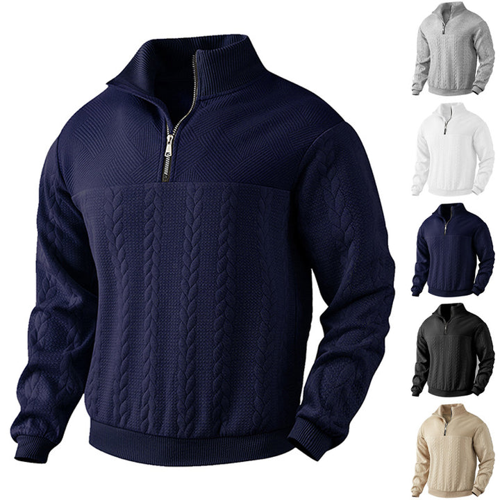 Men's textured knit sweater with half zip, braided cable pattern, and high stand-up collar StylebySassy