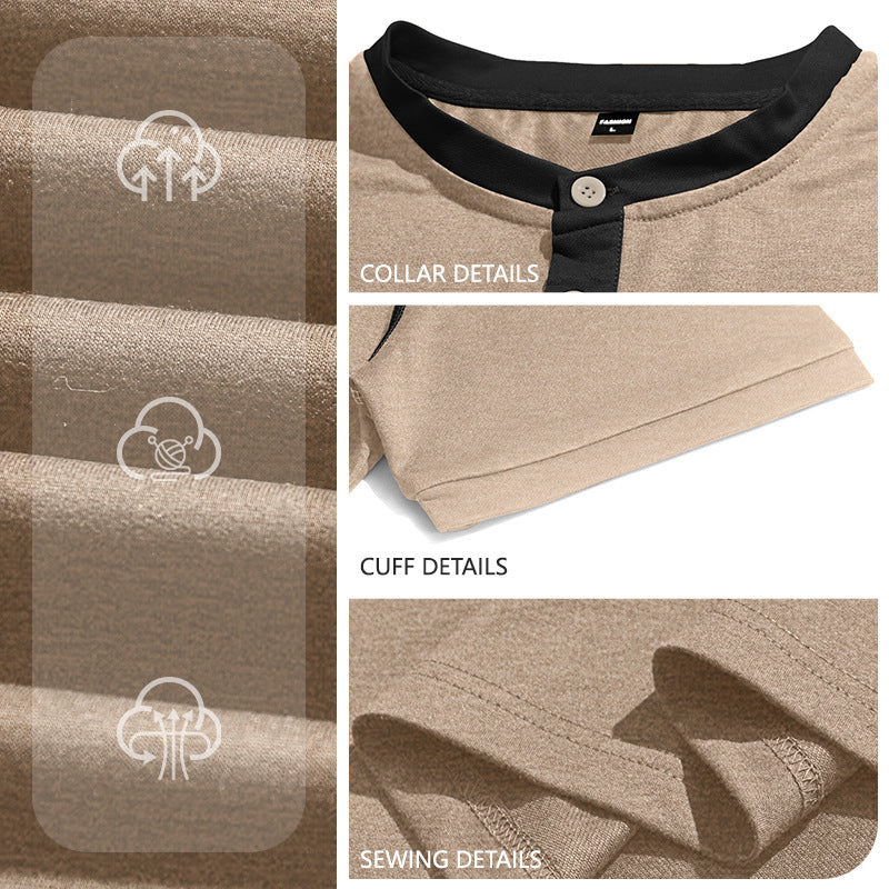 Men's short-sleeve band collar shirt with button placket, chest pocket, and flatlock seams StylebySassy