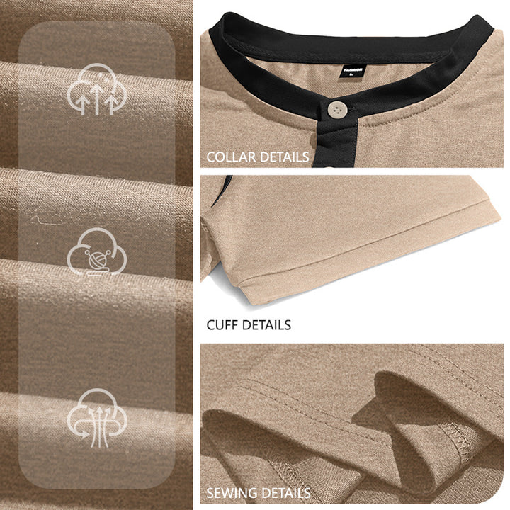Men's short-sleeve band collar shirt with button placket, chest pocket, and flatlock seams StylebySassy