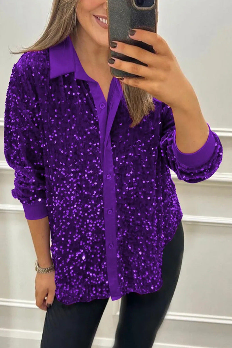Women's shimmering sequin shirt blouse with collar, button placket, and elastic cuffs StylebySassy