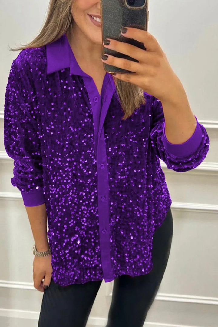 Women's shimmering sequin shirt blouse with collar, button placket, and elastic cuffs StylebySassy