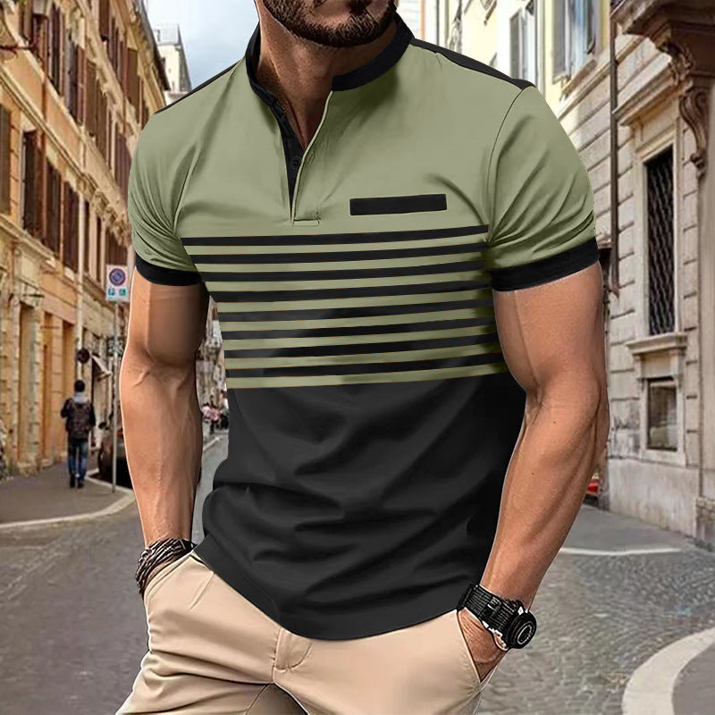 Men's short-sleeved Henley top with short button placket, chest piping, and block stripes StylebySassy