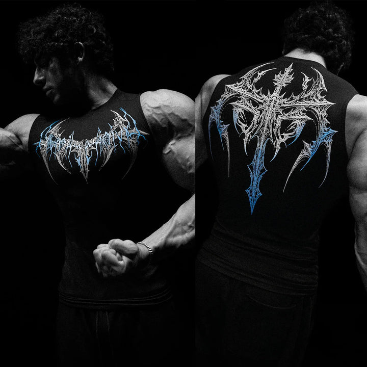 Men's form-fitting training tank top with deep armholes and intricate back print StylebySassy