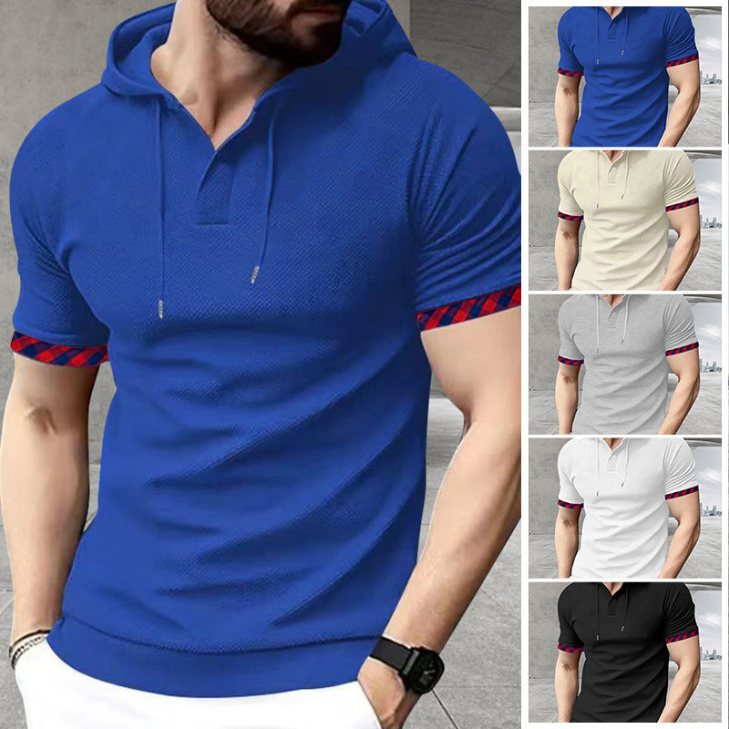 Men's slim fit short sleeve hooded shirt in polo style with Henley neckline and checkered sleeve cuff StylebySassy
