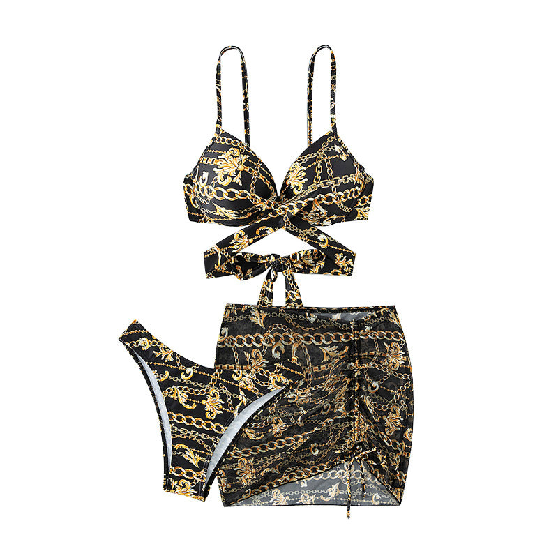 Women’s bikini with unconventional chain pattern and integrated skirt StylebySassy