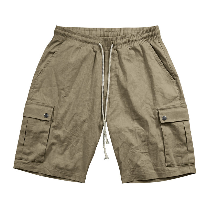 Men's urban cargo Bermuda shorts made of linen-cotton blend with elastic drawstring waistband and snap-flap pockets StylebySassy