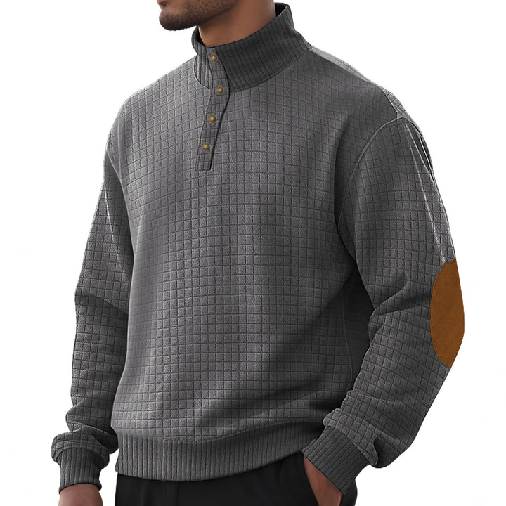 Men's plaid quilted sweatshirt with Henley placket, high stand-up collar, and velour elbow patches StylebySassy