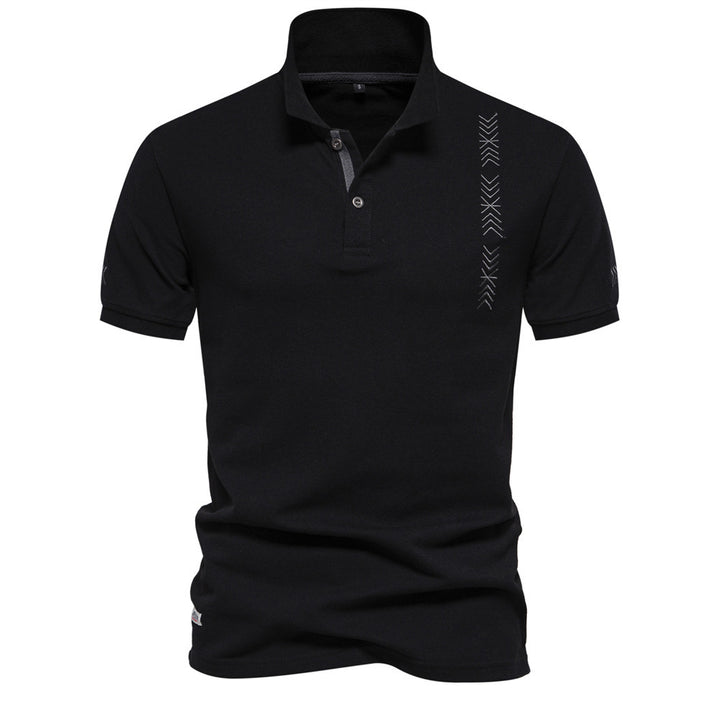 Men's nan casual polo with short button placket, embroidered arrow motif panel, and stand-up collar StylebySassy