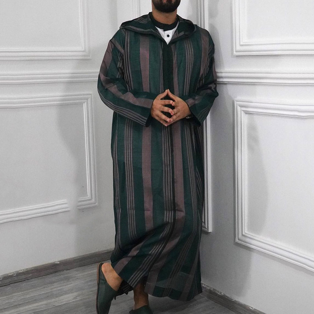 Men's slim hoodie robe with vertical stripe structure zipper and side slits StylebySassy