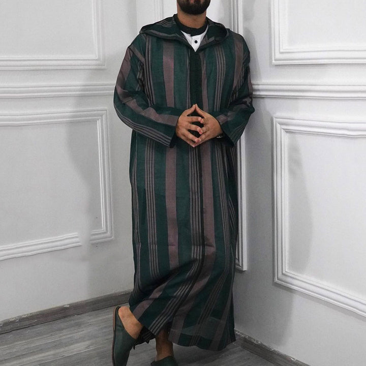 Men's slim hoodie robe with vertical stripe structure zipper and side slits StylebySassy