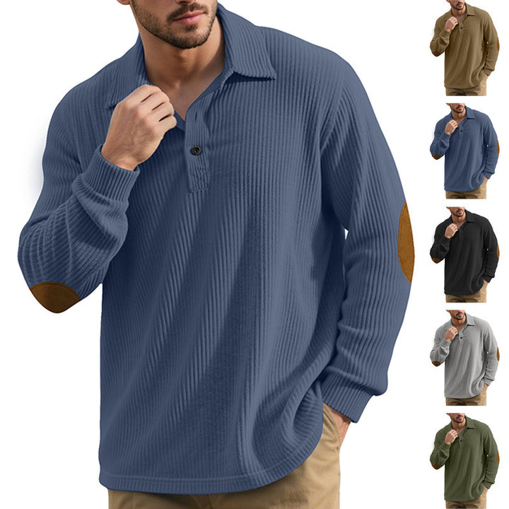 Men's ribbed casual polo with kent collar, short button placket and velour elbow patches StylebySassy