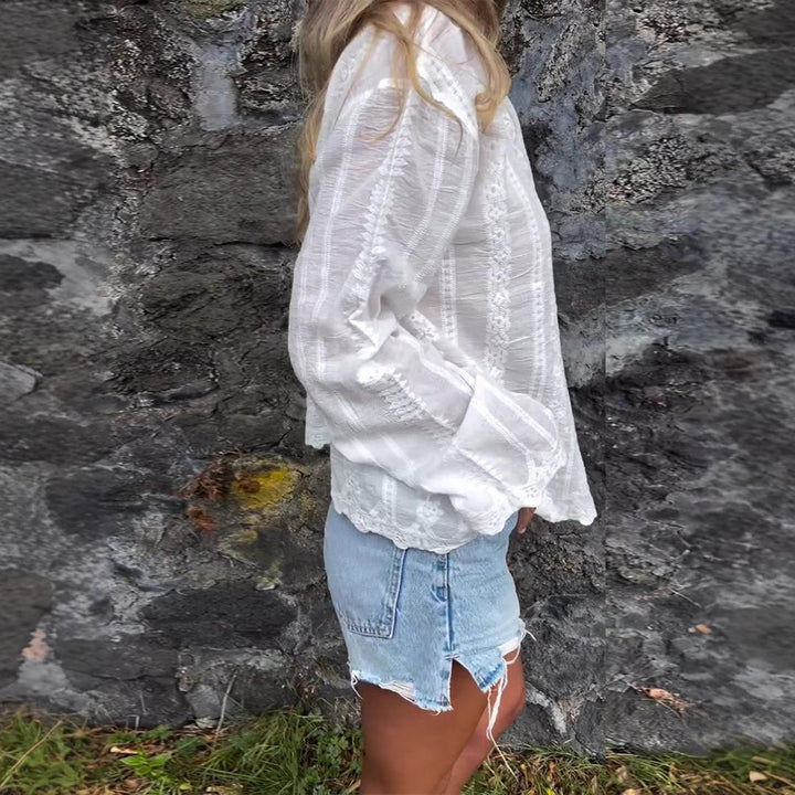 Women nan embroidered blouse with floral openwork embroidery, pearl button placket and casual oversized fit StylebySassy