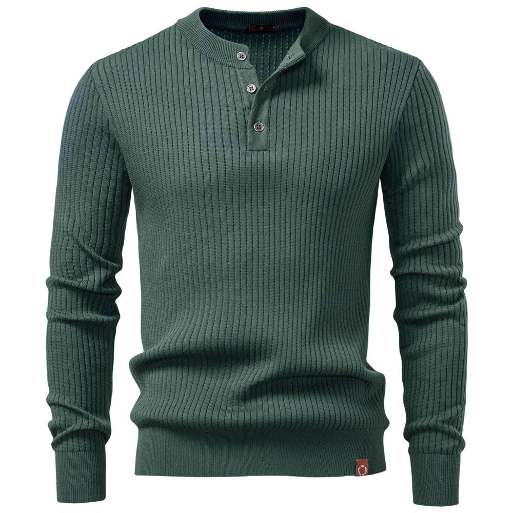 Men's ribbed long-sleeve henley pullover with stand-up collar, fine rib knit and slim fit StylebySassy