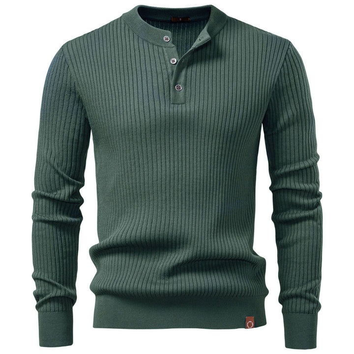 Men's ribbed long-sleeve henley pullover with stand-up collar, fine rib knit and slim fit StylebySassy