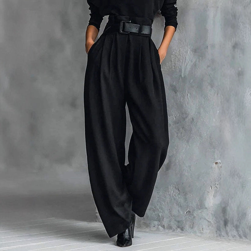 Ladies high-cut elegant pleated trousers with wide leg and roll-neck fine-knit top StylebySassy