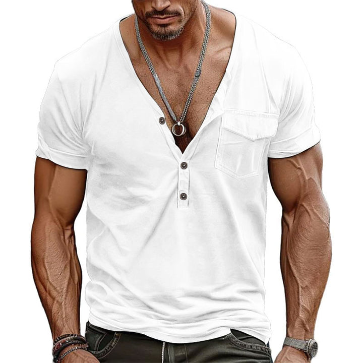 Men's nano athletic short sleeve shirt with deep V-neck, button placket and chest pocket StylebySassy