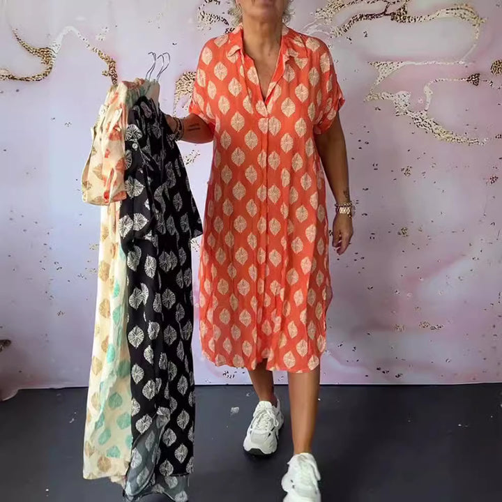 Women's shirt dress similar to a kaftan with V-neck, dropped shoulders, and textured muslin quality StylebySassy