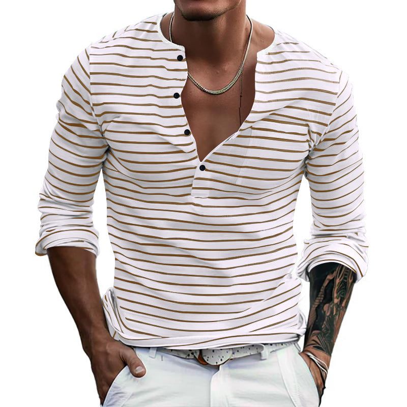 Men's striped long-sleeve shirt with short button placket, round neckline, and subtle chest pocket StylebySassy