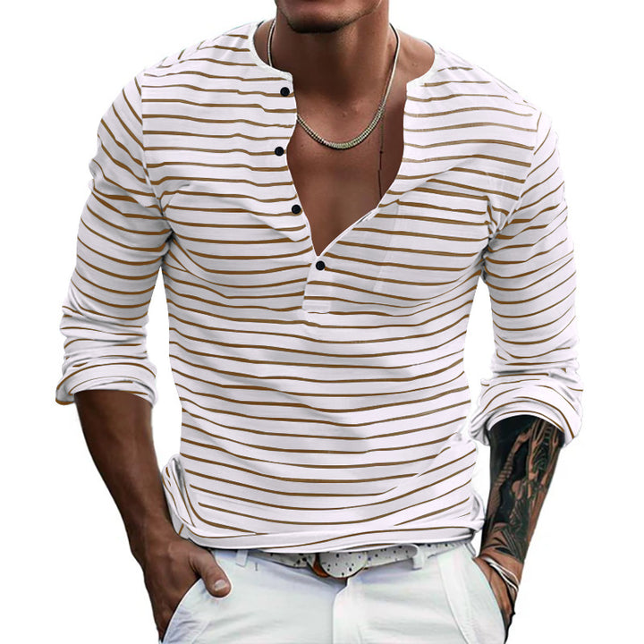 Men's striped long-sleeve shirt with short button placket, round neckline, and subtle chest pocket StylebySassy