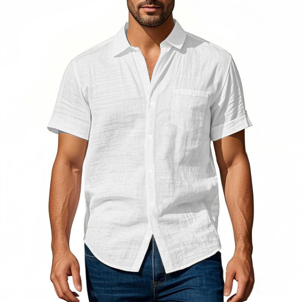 Men's short-sleeved casual shirt made of linen blend with chest pocket and rounded hem StylebySassy