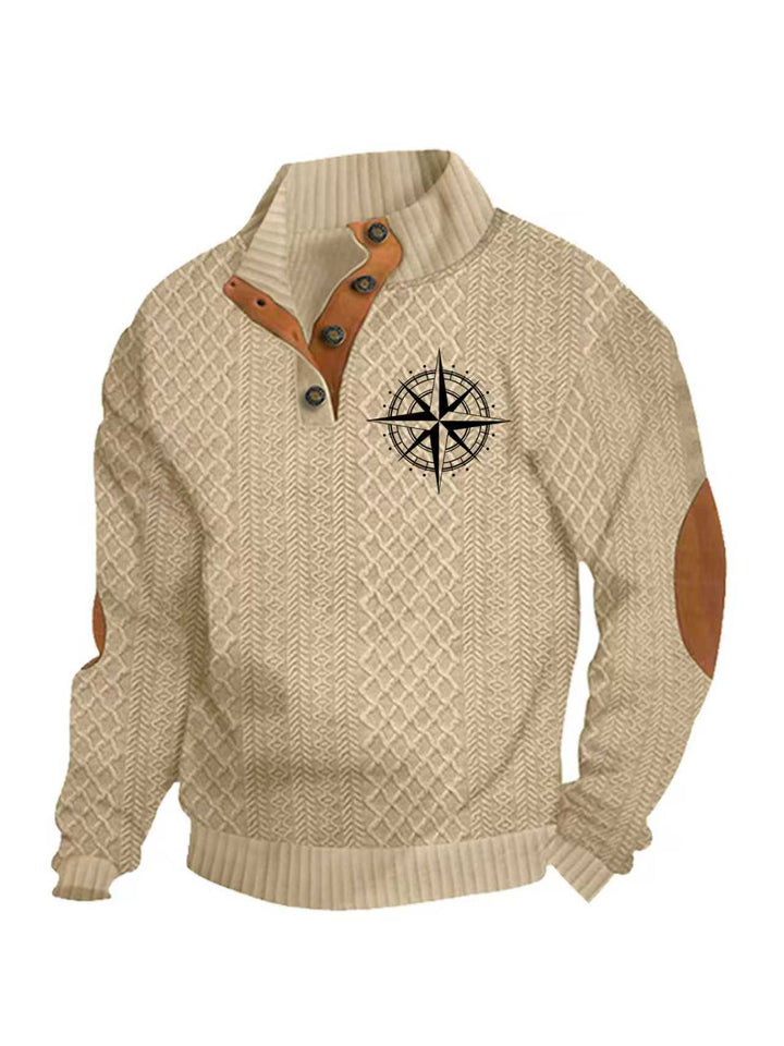Men's nan Heritage textured pullover with stand-up collar faux leather trim elbow patches and half-button placket StylebySassy