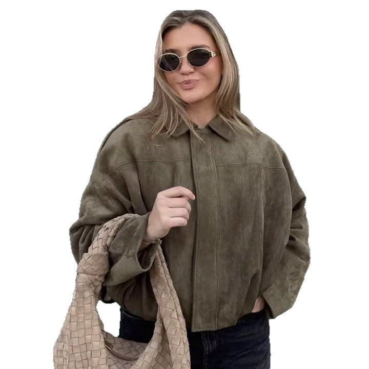 Women's loose short jacket with balloon hem, concealed closure and shoulder flaps StylebySassy