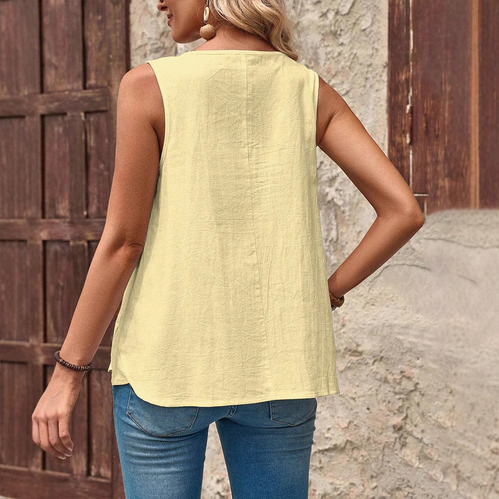Women's sleeveless summer top with palm motif, decorative button placket and loose fit StylebySassy