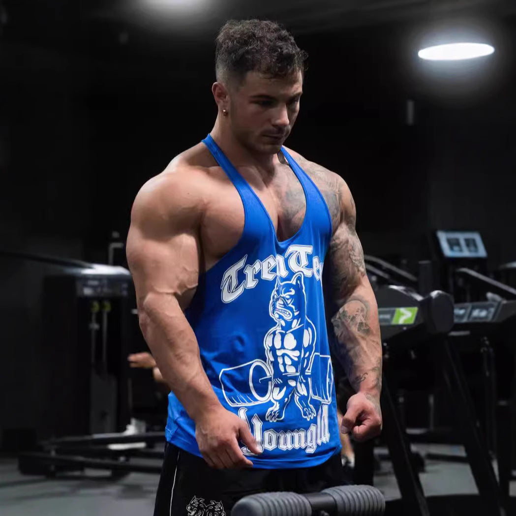 Men's form-fitting fitness tank top with bulldog graphic and extra deep armholes StylebySassy