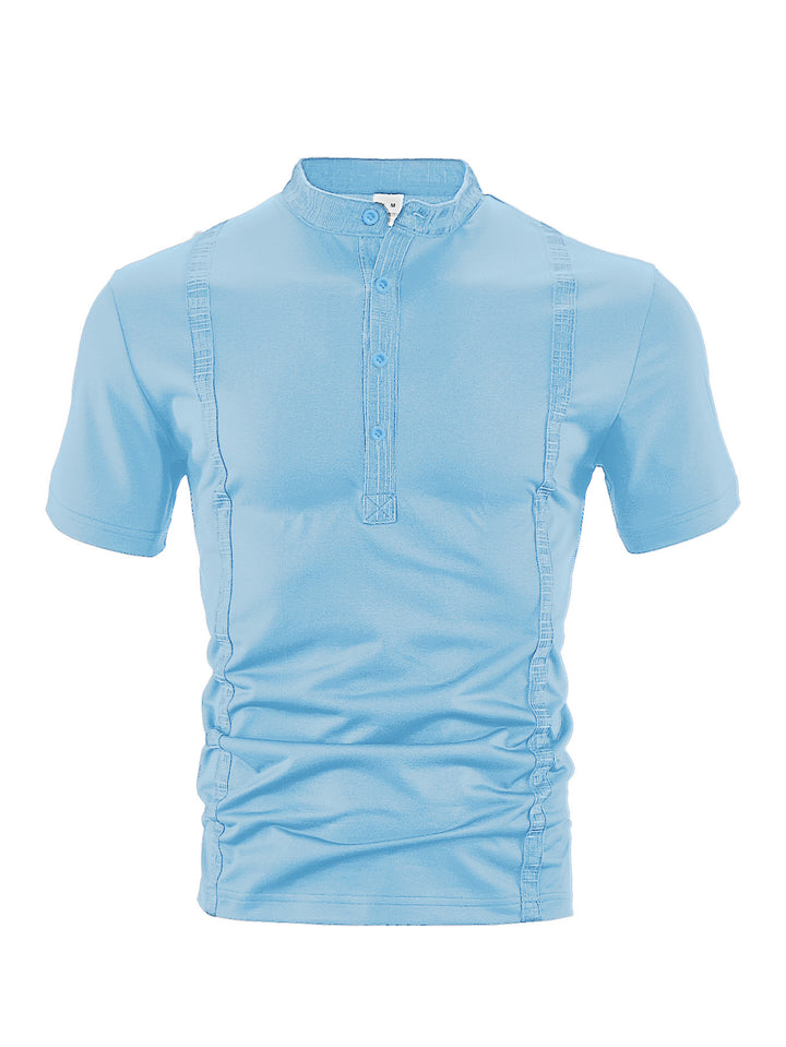 Men's short sleeve stand collar shirt with concealed button placket, decorative piping and fitted silhouette StylebySassy
