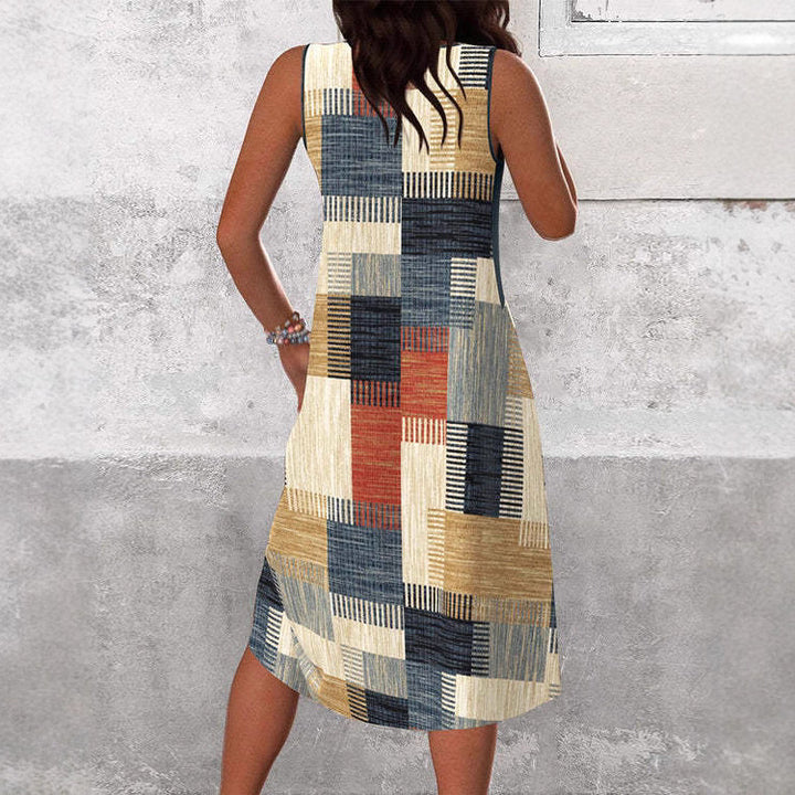 Ladies' sleeveless V-neck midi dress with diagonal patchwork pattern and ribbed top StylebySassy