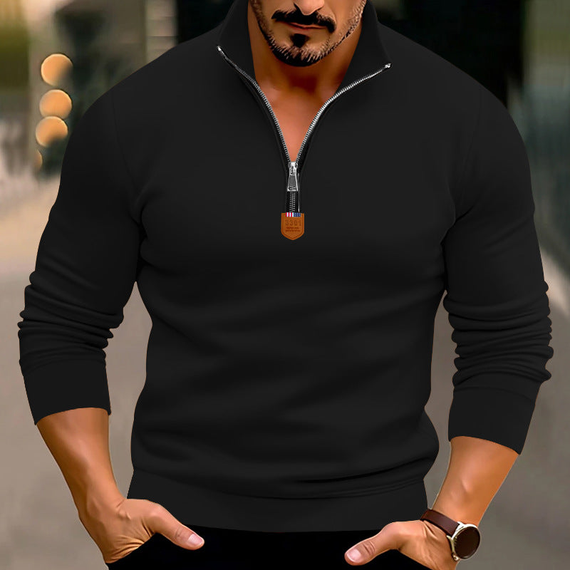 Men's narrow cut fine knit pullover with short zipper, shaping seams, and stretch waistband StylebySassy