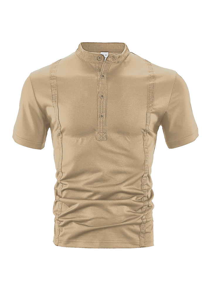 Men's short sleeve stand collar shirt with concealed button placket, decorative piping and fitted silhouette StylebySassy