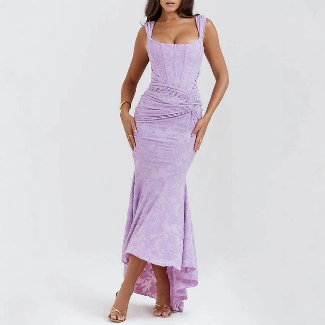 Women’s tight-fitting corset evening dress with integrated boning, ruched wrap design, and floral jacquard texture StylebySassy