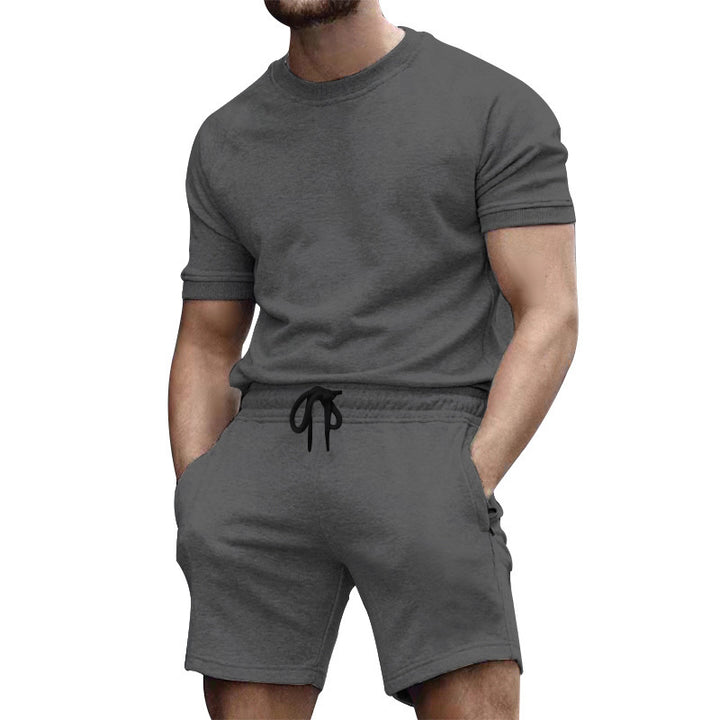 Men's short-sleeve sweat set made of soft sweatshirt fabric with a round neck shirt and drawstring shorts StylebySassy