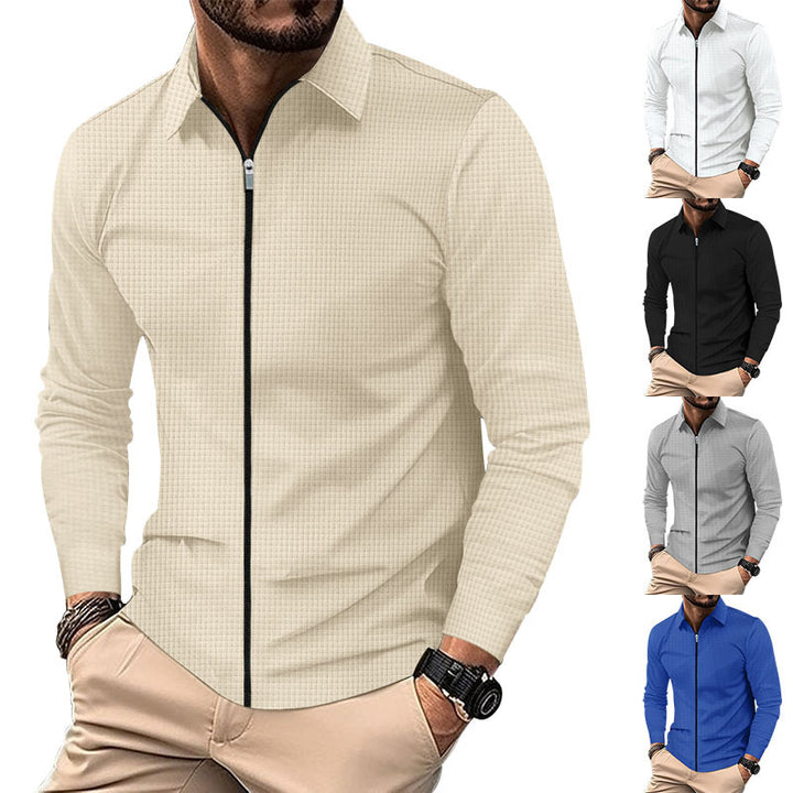 Men's structured long-sleeve polo in waffle knit with shirt collar and narrow shoulder section StylebySassy