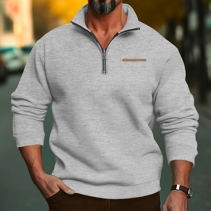 Men's high-quality sweatshirt with metal half-zip, reinforced stand-up collar, and discreet chest piping StylebySassy
