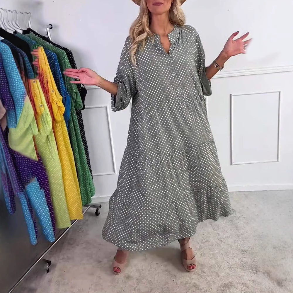 Women's lightweight flowing midi dress with polka dot pattern, tiered skirt and roll-up sleeves StylebySassy