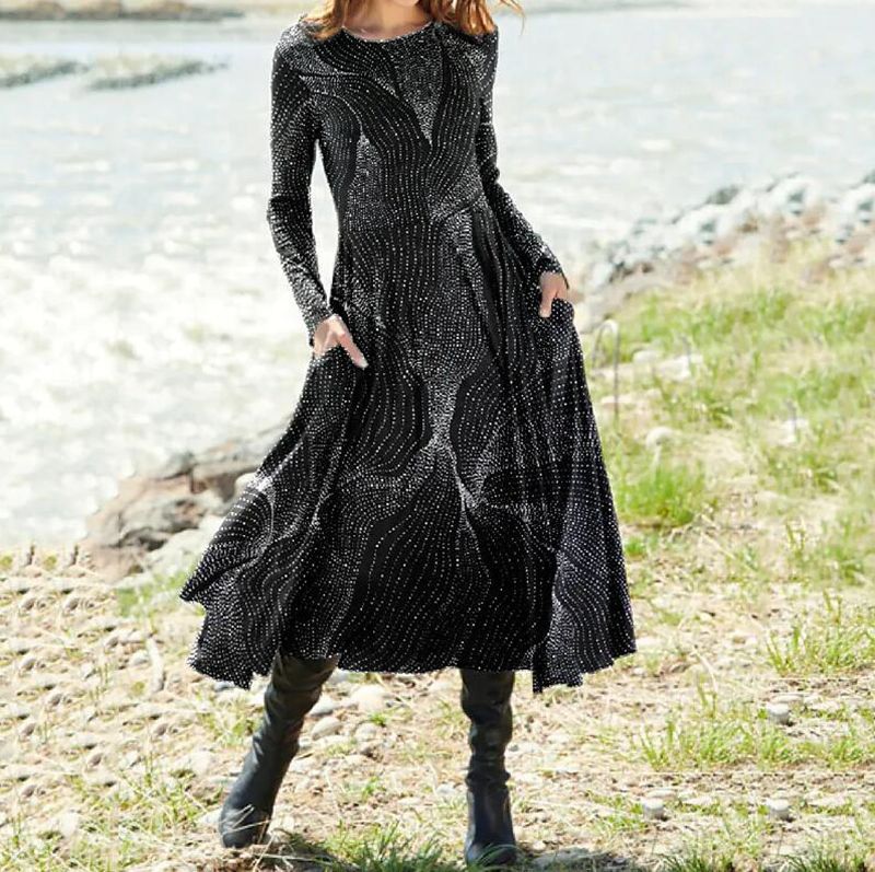 Women's Boho Maxi Dress with tailored empire waist, long sleeves, and side pockets StylebySassy