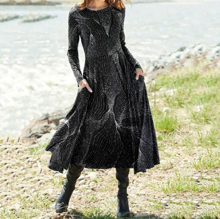 Women's Boho Maxi Dress with tailored empire waist, long sleeves, and side pockets StylebySassy
