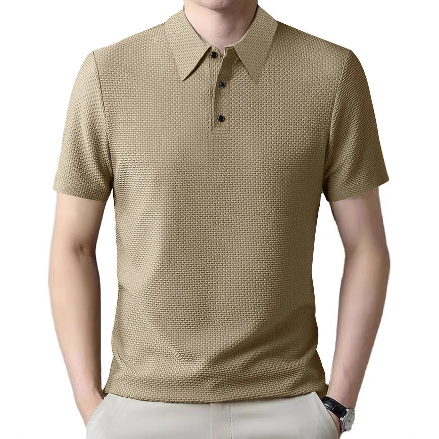 Men's nano microstructure polo shirt with shirt collar, subtle button placket, and breathable jersey StylebySassy