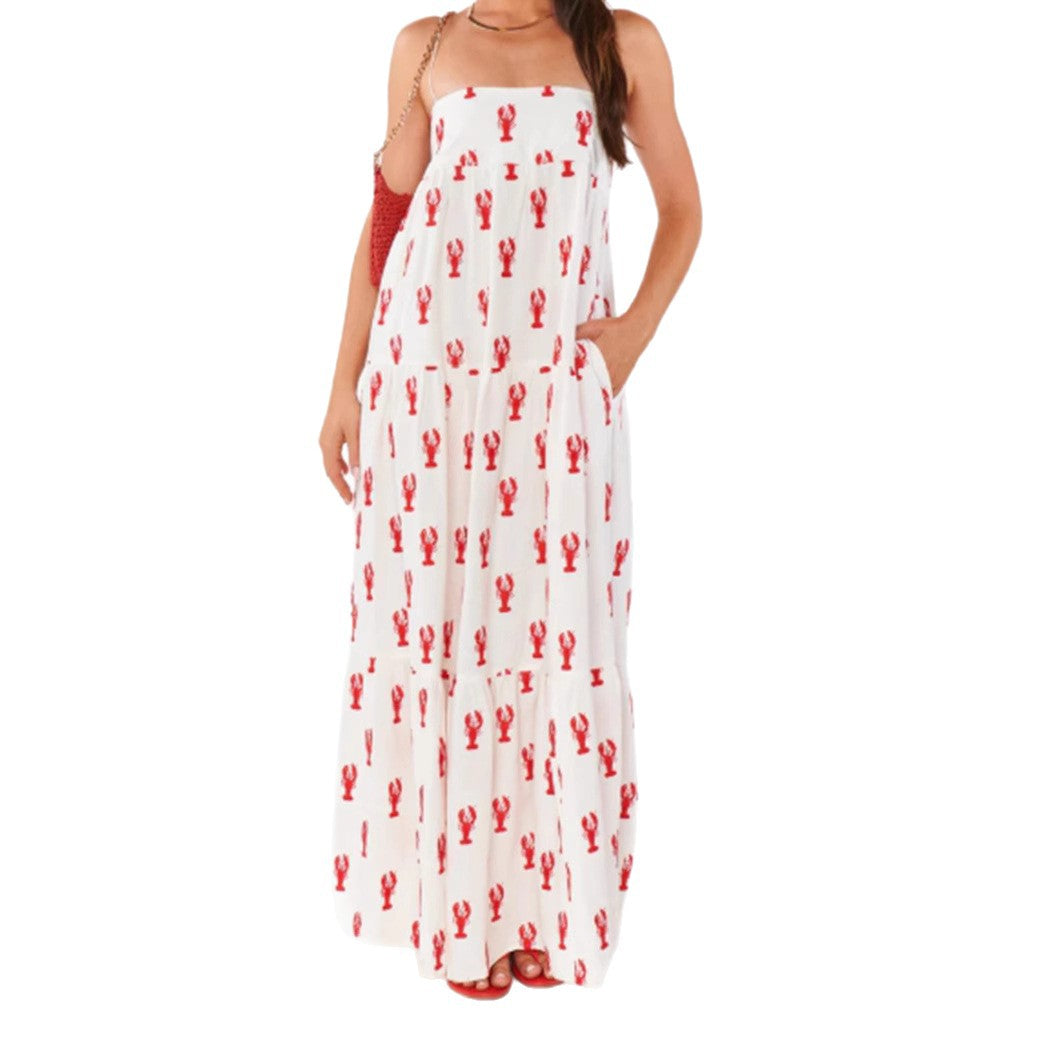 Women's strapless bandeau maxi dress with tiered ruffle skirt and maritime lobster motif StylebySassy